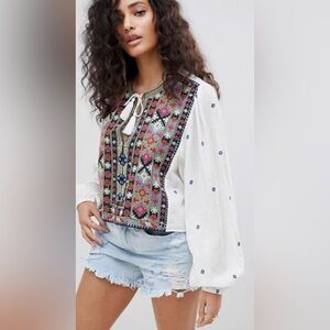Free People Enter Loveland Multicolor Embroidery Long Balloon Sleeve Boho Blouse